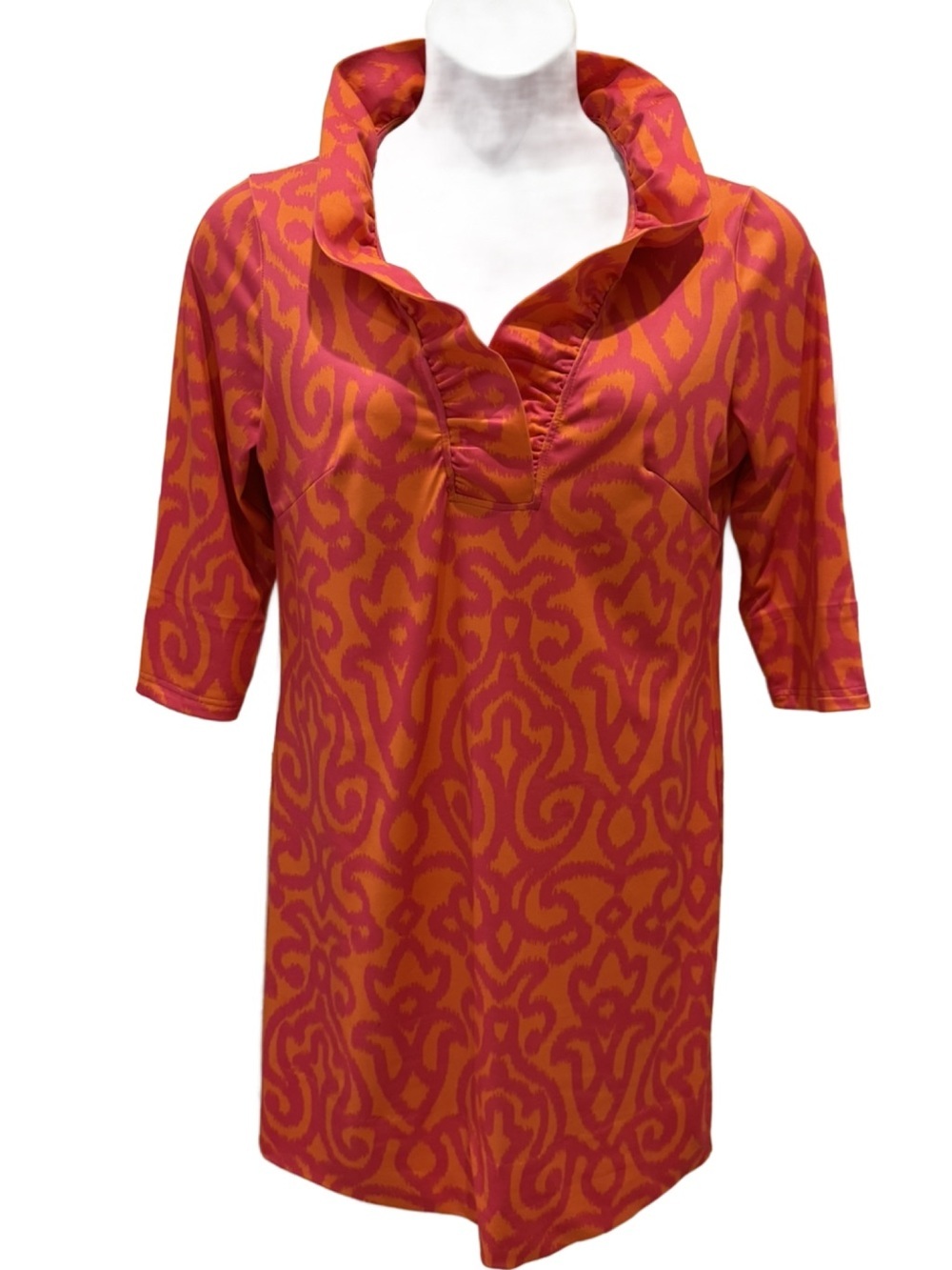 Gretchen Scott Pink and Orange Arabesque Pattern Ruffle Neck Dress in Large